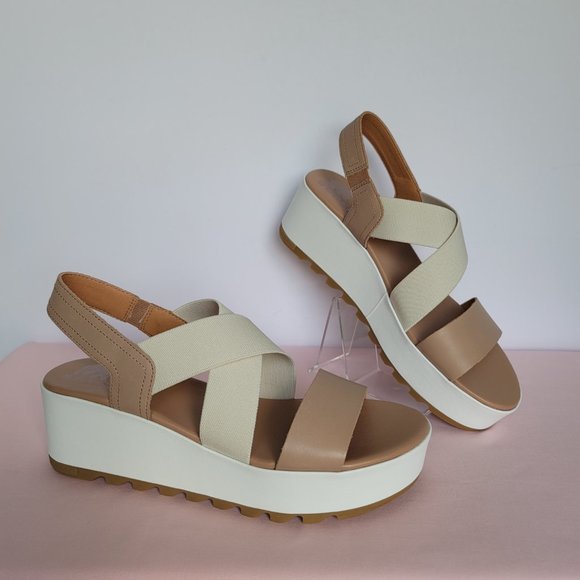 SOREL Cameron Flatform Slingback Leather/Fabric Sandals-Honest Beige/Chalk Size9 - Picture 3 of 16